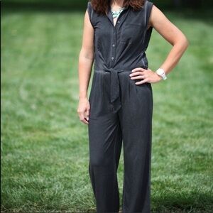 Soft Surroundings Camilla Wide Leg Gray Button Front Jumpsuit Large Tie Waist